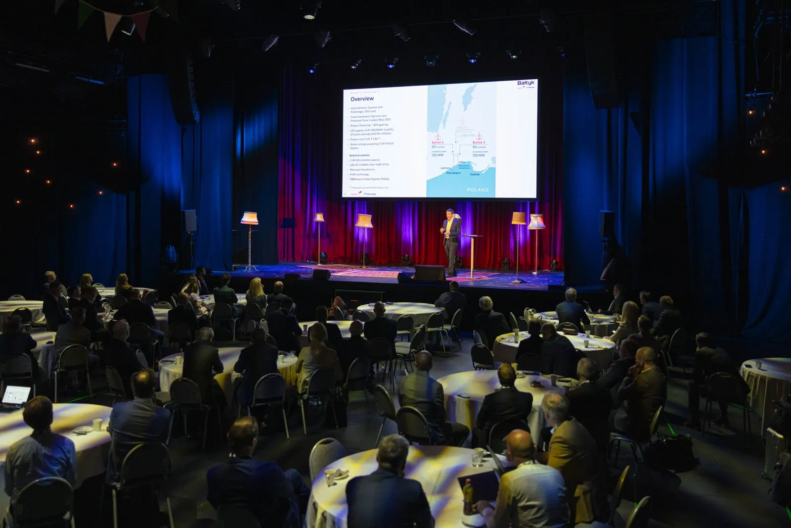 Konferansesalen på North Sea Wind 2025 i Kristiansand — en foredragsholder på scenen og delegater ved bordene